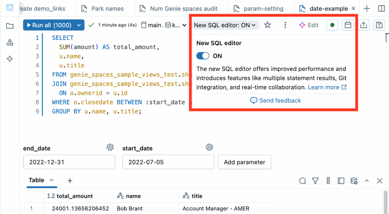 Screenshot showing the SQL editor with the new query editor turned off