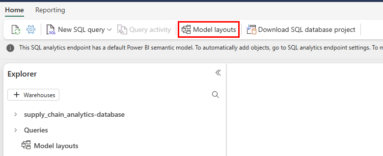 Skærmbillede fra Fabric-portalen i SQL-databaseoversigten og -menuen. Knappen Modellayout er fremhævet.