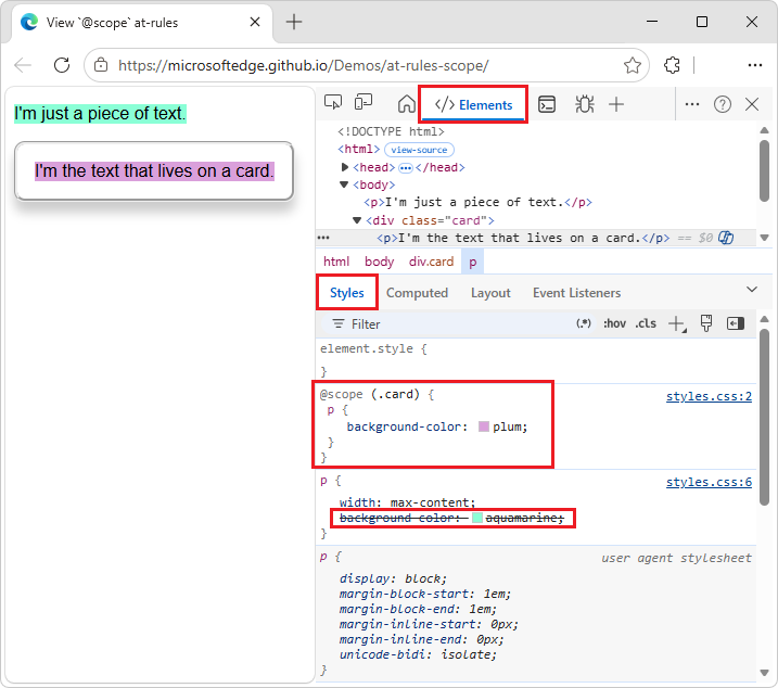 The at-scope rule in the Styles tab