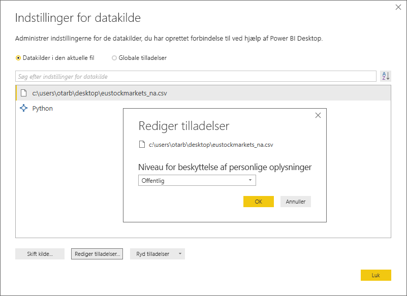 Skærmbillede af dialogen for datakildeindstillinger, der viser, at privatlivsniveauet er sat til Offentligt.
