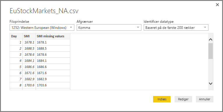 Skærmbillede af CSV-filens dialog, der viser den valgte CSV.
