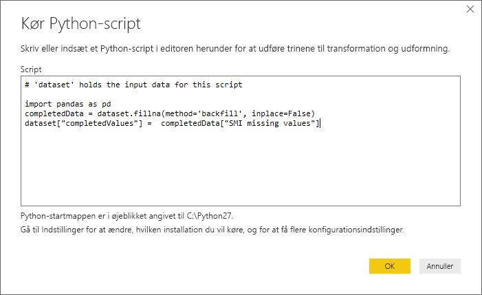 Skærmbillede af dialogen Run Python Script, der viser scriptkoden.