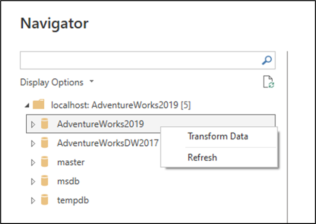 Skærmbillede af muligheden for at transformere data fra den kontekstuelle menu inde i Navigator-vinduet.