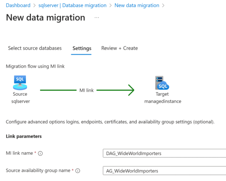 Screenshot of link parameters on the settings page of a new data migration in the Azure portal.
