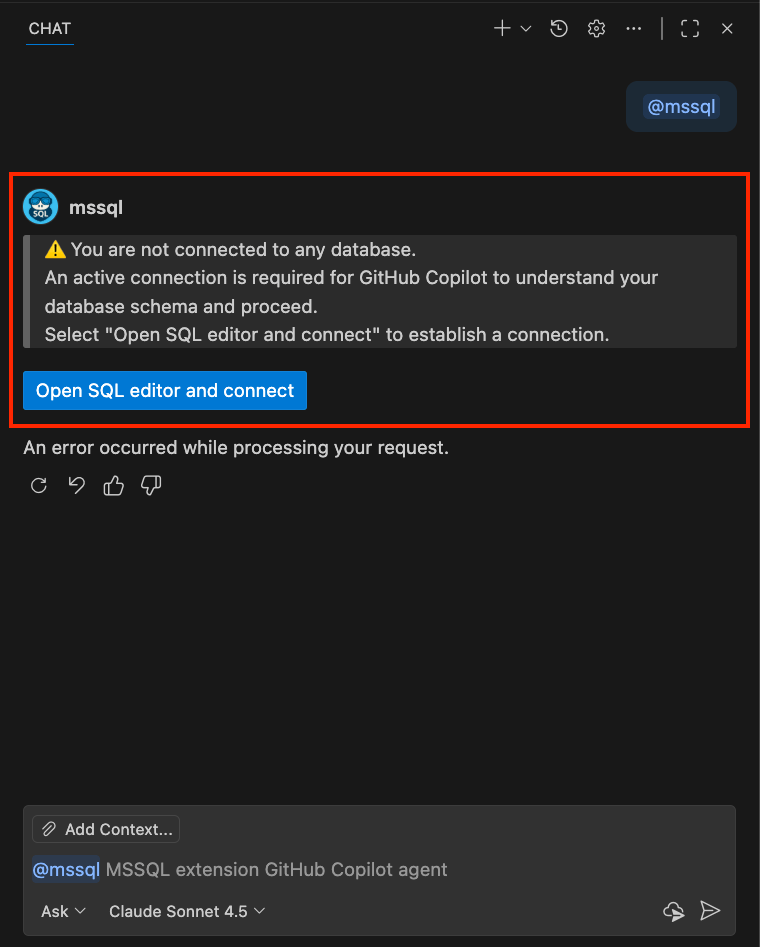 Screenshot showing the @mssql chat participant detecting no database connection and prompting the user to connect.