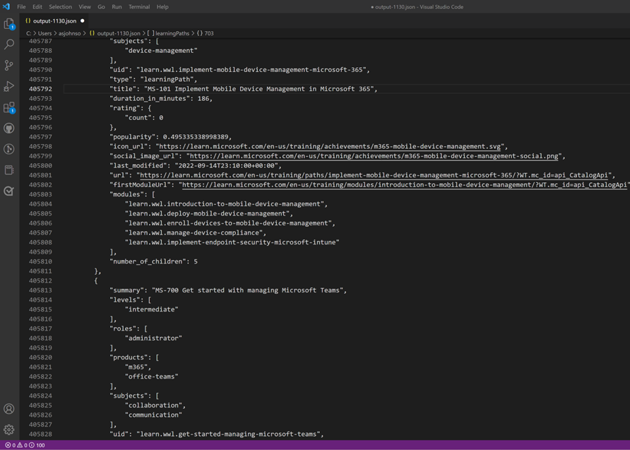 Skærmbillede af API-outputtet Til læringskatalog i Visual Studio Code.