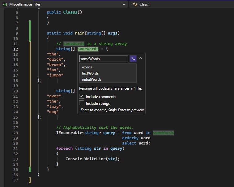 Screenshot of the Rename pop-up box within the editor of Visual Studio.