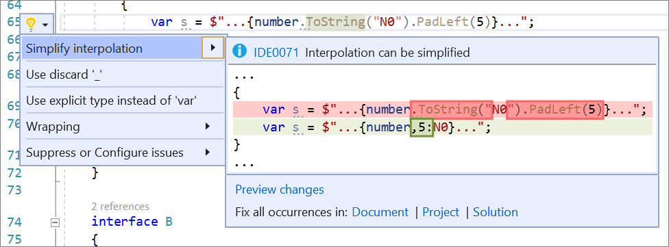 Screenshot of Simplify string interpolation.