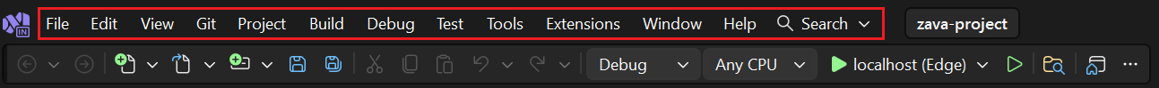 Screenshot of the menu bar in Visual Studio.