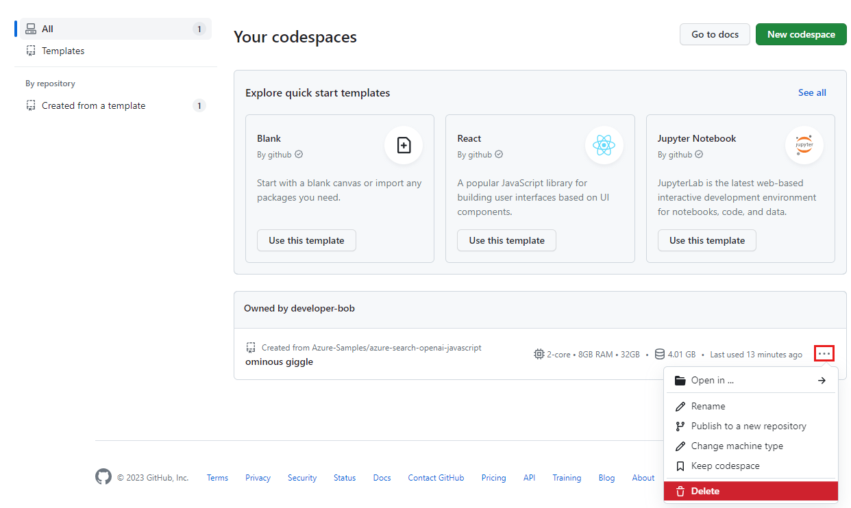 Screenshot des Kontextmenüs für einen einzelnen Codespace mit hervorgehobener Löschoption.