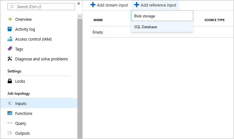 Im linken Navigationsbereich ist die Option „Eingaben“ ausgewählt. Unter „Eingaben“ ist „+&nbsp;Referenzeingabe hinzufügen“ ausgewählt. Es wird eine Dropdownliste mit den Werten „Blob Storage“ und „SQL-Datenbank“ angezeigt.