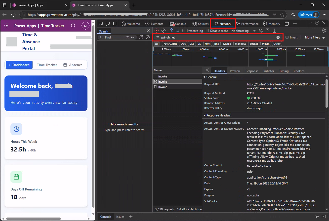 Abbildung der Verwendung der apihub.net Zeichenfolge zum Filtern von Anforderungen für Connectors mithilfe von Entwicklungstools mit dem Edge-Browser