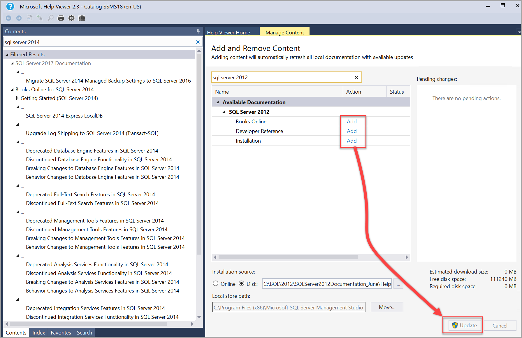 Hinzufügen und Aktualisieren von SQL Server 2012-Büchern in der Hilfeanzeige