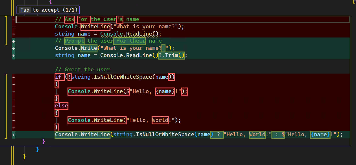 Screenshot der Codevorschläge in der Diff-Ansicht von Visual Studio.