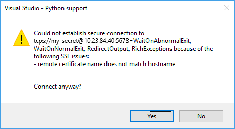 Screenshot der Warnung, die besagt, dass das Remote-SSL-Zertifikat nicht mit dem Hostnamen übereinstimmt.