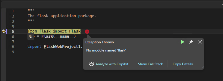 Screenshot des Visual Studio-Debuggers für Python mit einem Ausnahme-Popupdialogfeld.