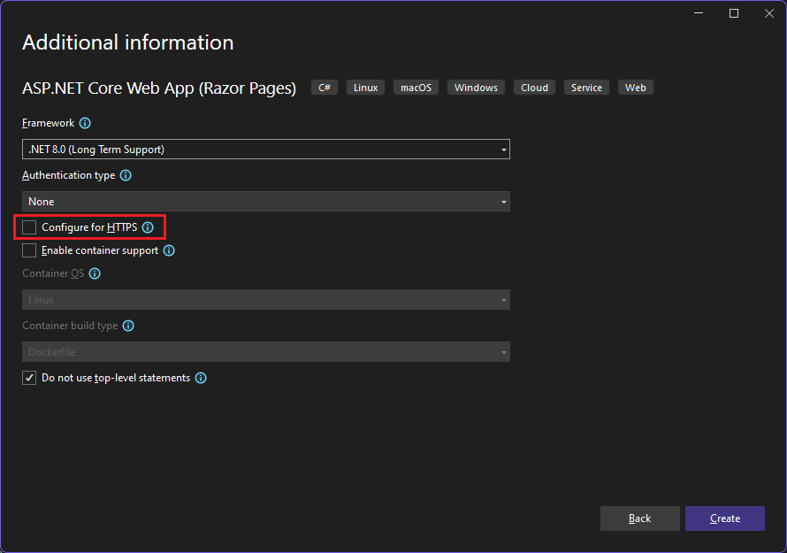 Screenshot that shows the 'Create a new ASP.NET Core web application' dialog in Visual Studio, and 'Configure for HTTPS' unselected.