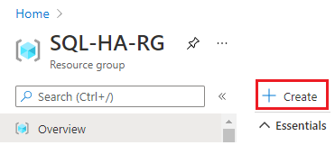 Partial screenshot of the resource group Overview screen in the Azure portal. The + Create control for creating a new resource in your resource group is highlighted.