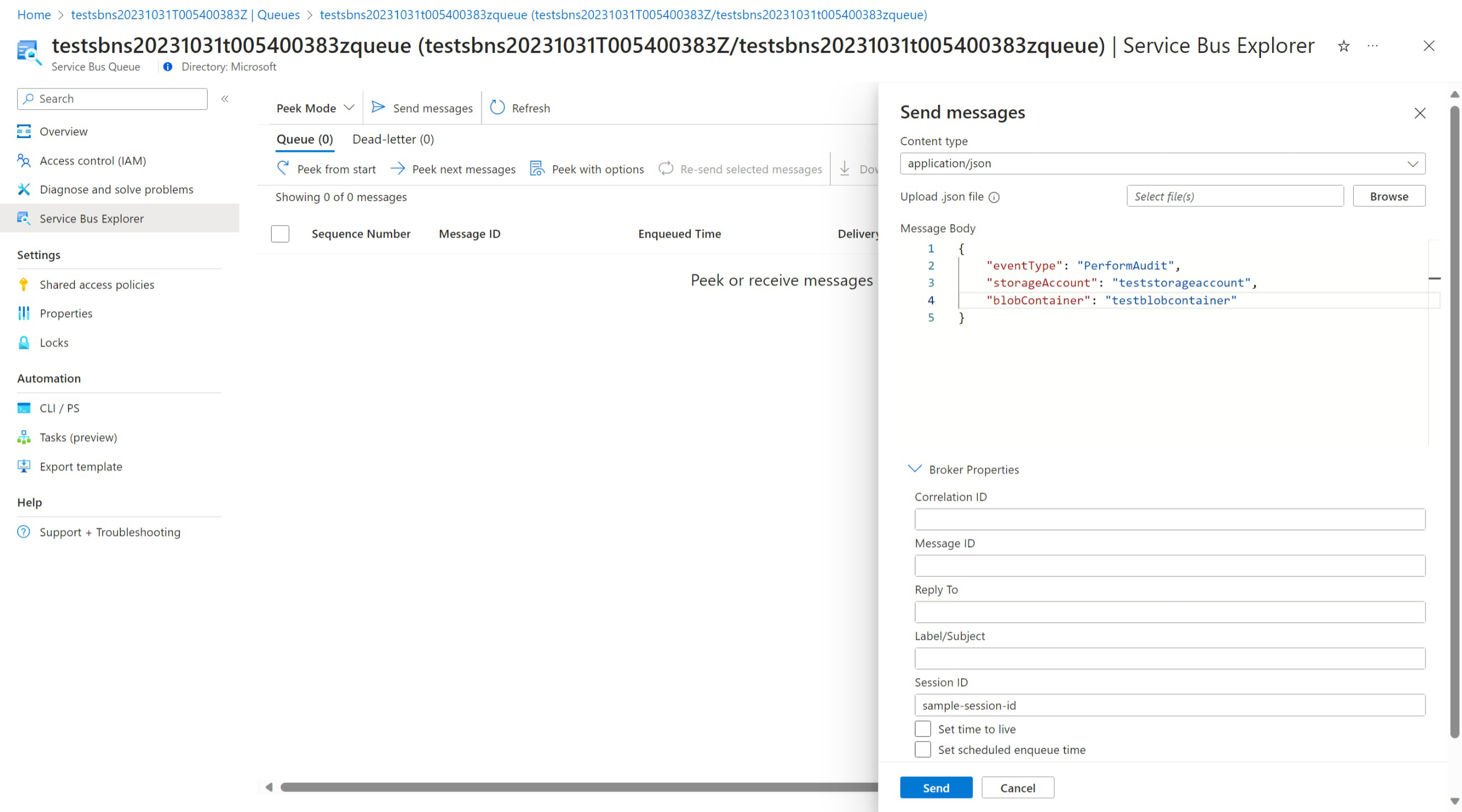Screenshot that shows how to trigger an audit by adding a message to the queue.