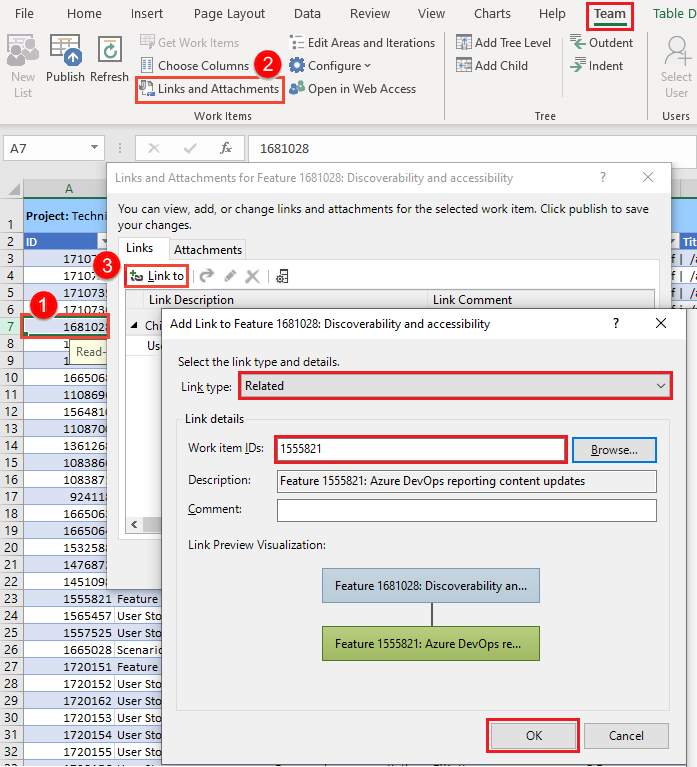 Screenshot of the Add link to dialog showing how to specify the link type and identifiers for the work items to link to.