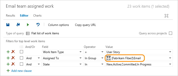 Screenshot of the Web portal, Queries page, with a query that uses In Group operator and team group name.