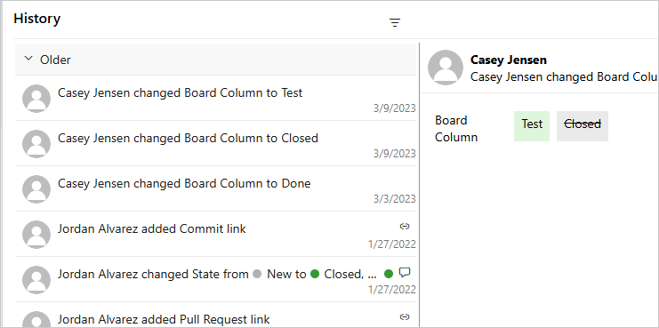 Screenshot that shows the History tab details in the work item form.