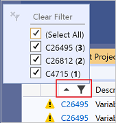 Code analysis filters in Error List Screenshot of Code analysis filters in Error List.