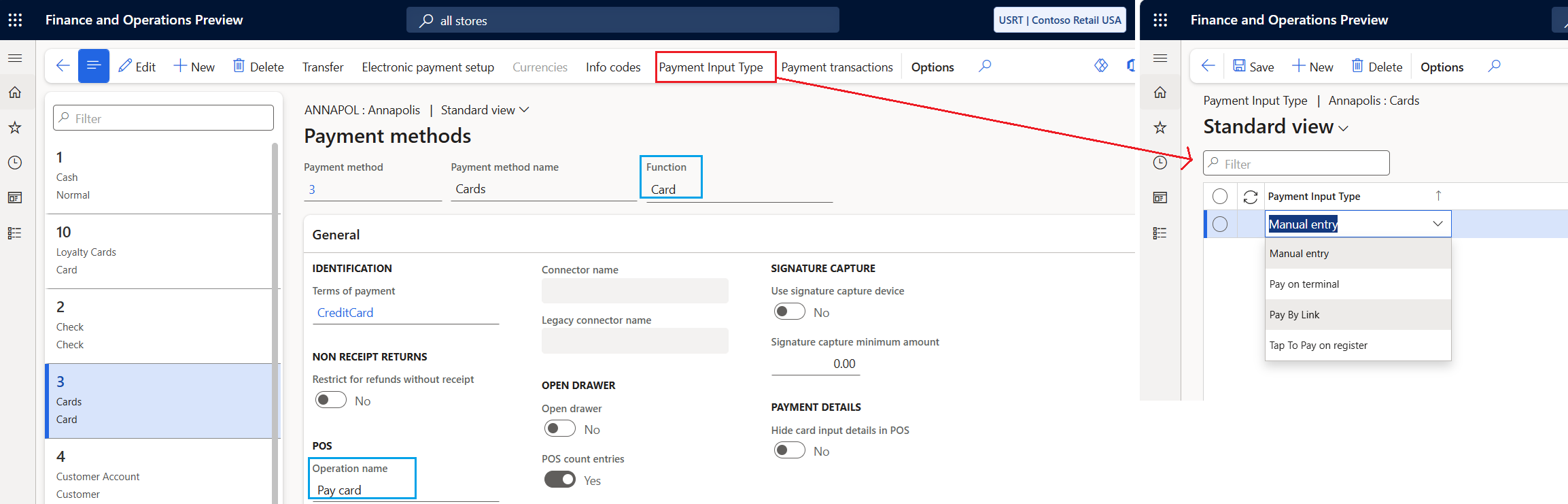 Screenshot that shows the payment input type options on the Payment Input Type page.