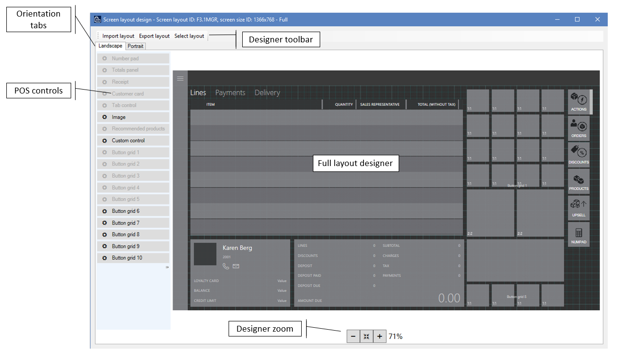 Screenshot of POS Full layout designer in landscape mode.