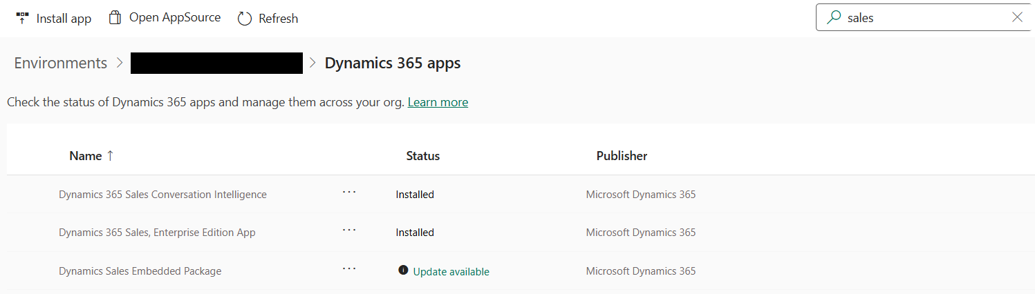 Screenshot of the Power Platform admin center showing the Dynamics 365 apps list under Resources.
