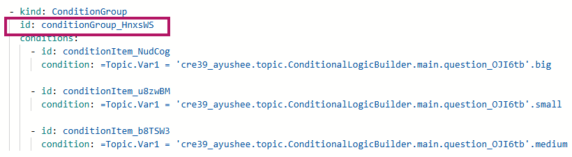 Screenshot of the code editor showing a ConditionGroup with the `id` conditionGroup_HnxsWS highlighted.