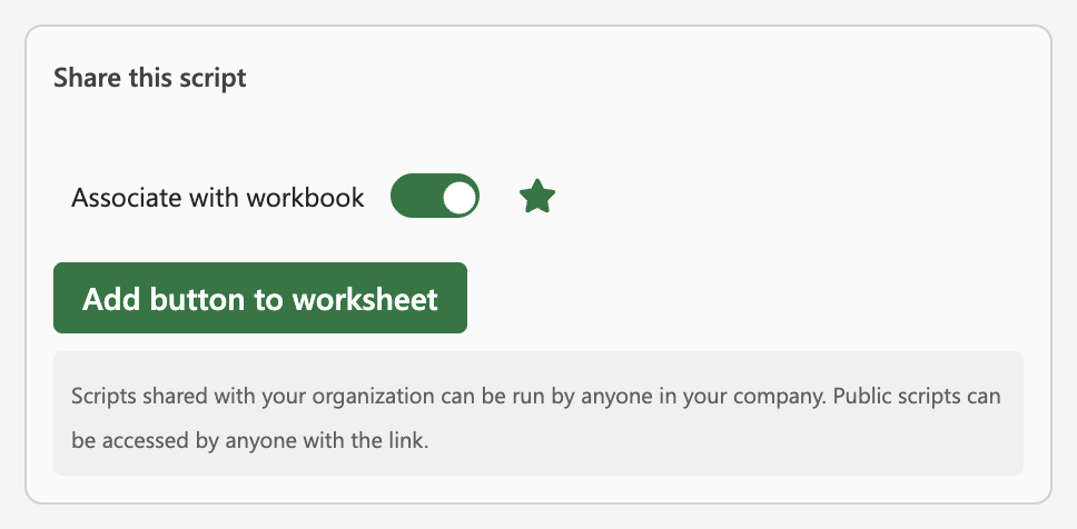 The 'Share this script' section of the script details page, with the 'Associate with workbook' toggle enabled.