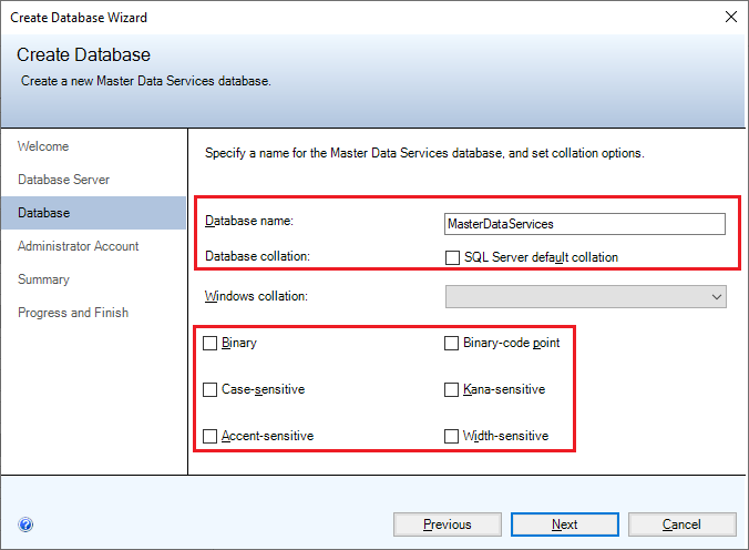 mds-SQLServer2019-Config-MI_CreatedDBName Screenshot of the Database page of the Create Database Wizard.