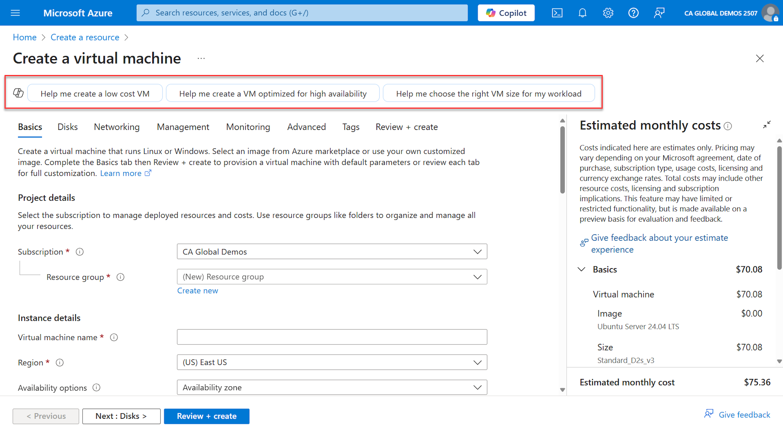 A screenshot of Azure Copilot assisting the creation of a virtual machine.