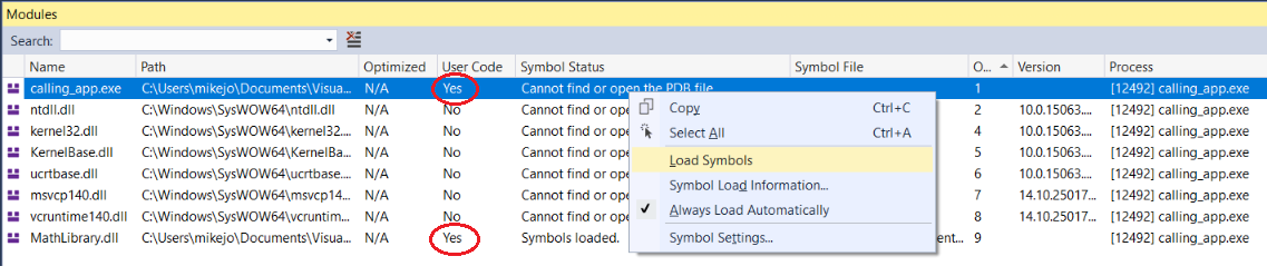 ViewSymbolInformation Screenshot that shows how to view symbol information in the Modules window.