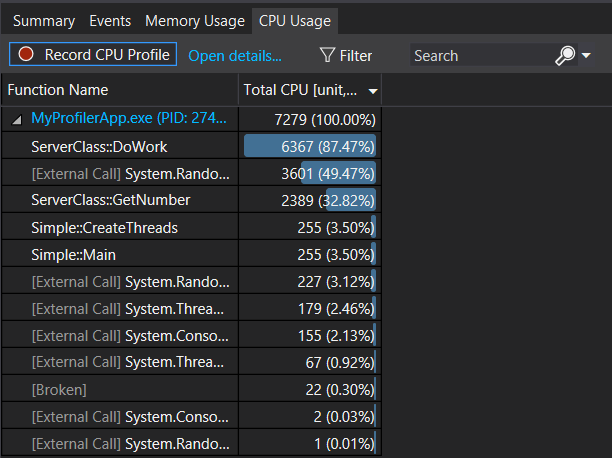 DiagToolsCPUUsageFunctionList Screenshot that shows Diagnostics Tools CPU Usage Function List.