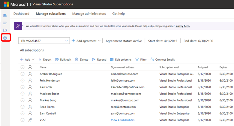 Screenshot of the Manage subscribers page. The settings icon is highlighted. Admin Preferences button