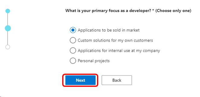 Screenshot of the primary focus selection dialog. The Next button is highlighted. Microsoft 365 Developer focus choice