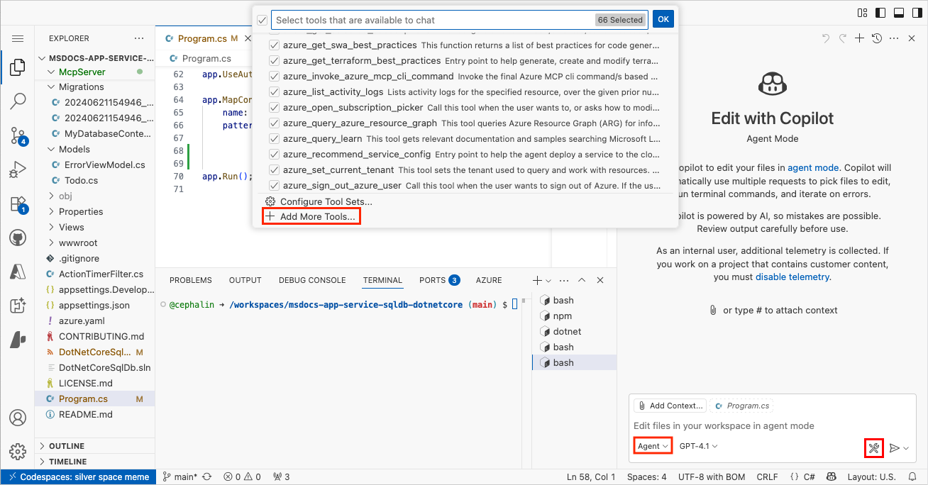 Screenshot che mostra come aggiungere un server MCP in modalità agente Di Chat di GitHub Copilot.