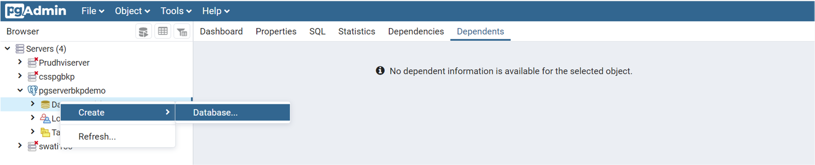 Screenshot che mostra le selezioni di menu per l'aggiunta di nuovi database e utenti di database a un server.