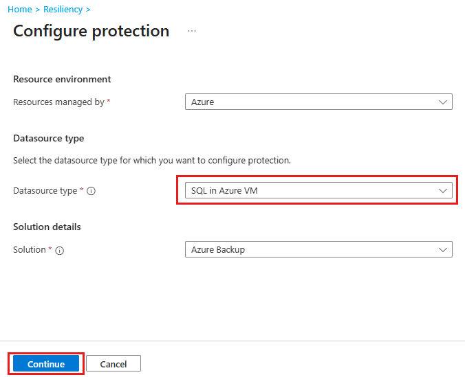 Screenshot che mostra la selezione di un database di SQL Server come origine dati per il backup