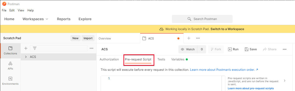 Screenshot che mostra Postman con la scheda Script pre-richiesta raccolte servizi di comunicazione.