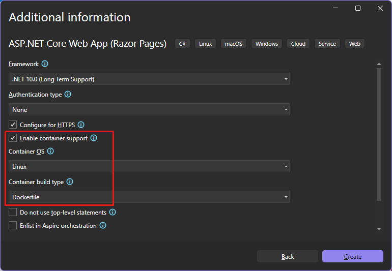 Screenshot che mostra l'opzione da selezionare per abilitare Docker.