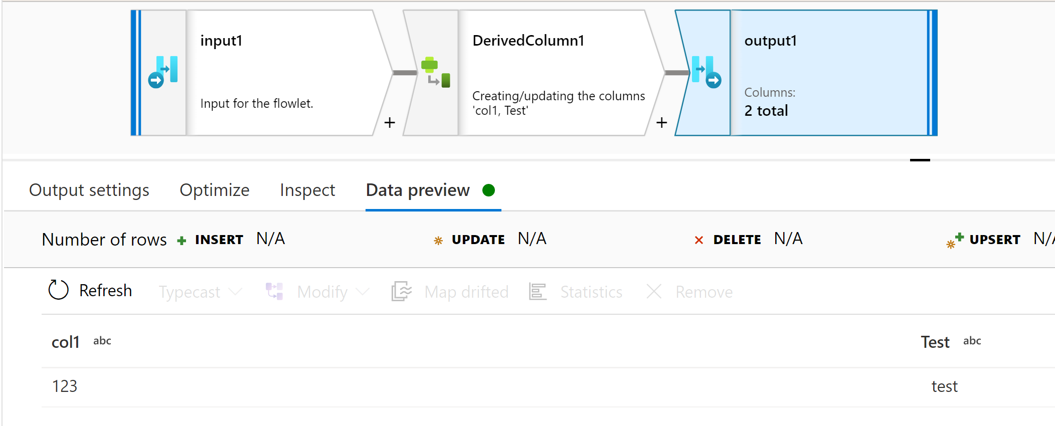 Screenshot che mostra Anteprima dati nell'output del flowlet.