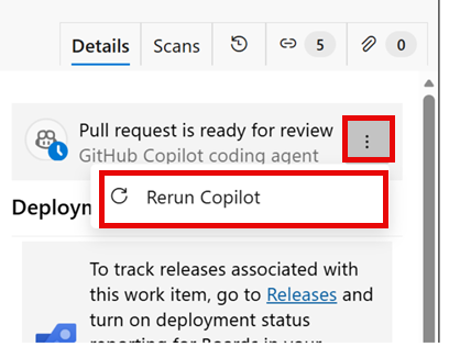 Lo screenshot mostra l'icona Altre azioni selezionata, seguita dalla selezione di Rerun Copilot nell'area Sviluppo.