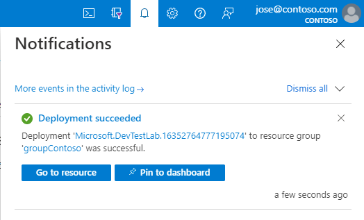 Screenshot della notifica di distribuzione di DevTest Labs.