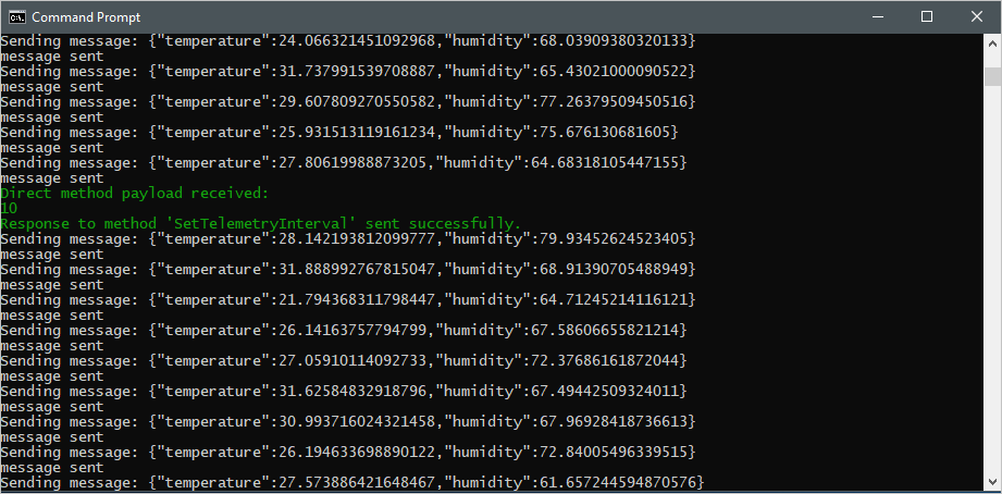 Screenshot di una finestra del terminale che mostra il risultato diretto del messaggio e l'output aggiornato dall'applicazione del dispositivo simulato.