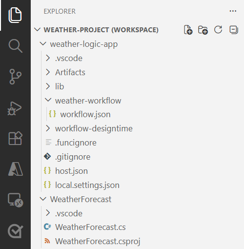 Screenshot mostra l'area di lavoro creata con il progetto di app logica e il progetto di funzioni .NET.