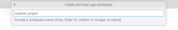 Screenshot che mostra la richiesta di immettere un nome dell'area di lavoro.