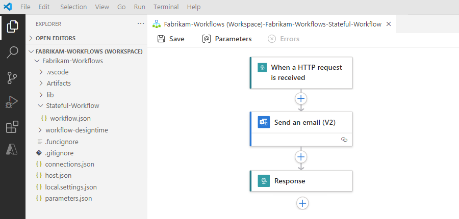 Screenshot che mostra Visual Studio Code, area di lavoro per le app per la logica, progetto e flusso di lavoro.